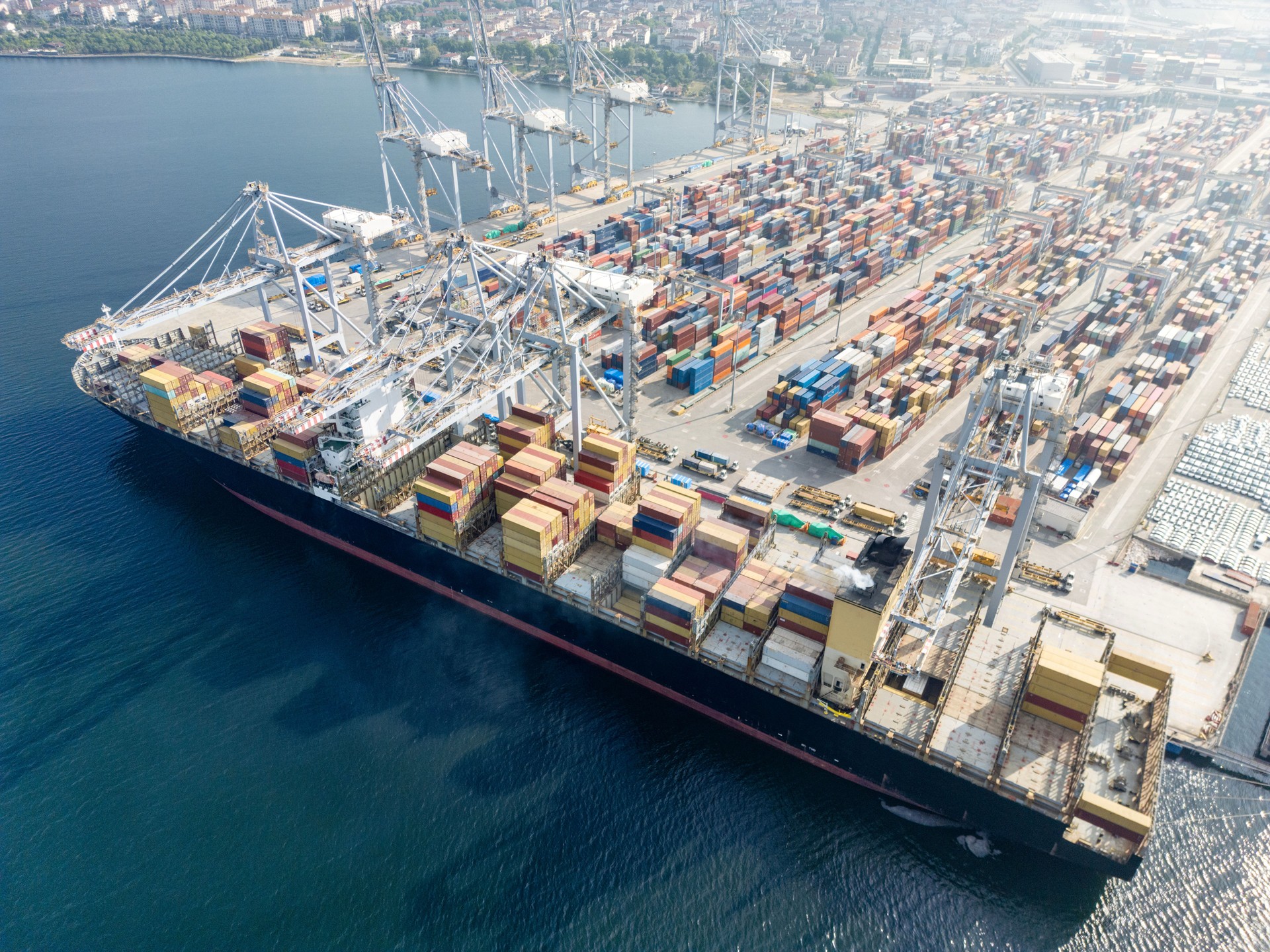 Aerial view of a loaded container cargo ship